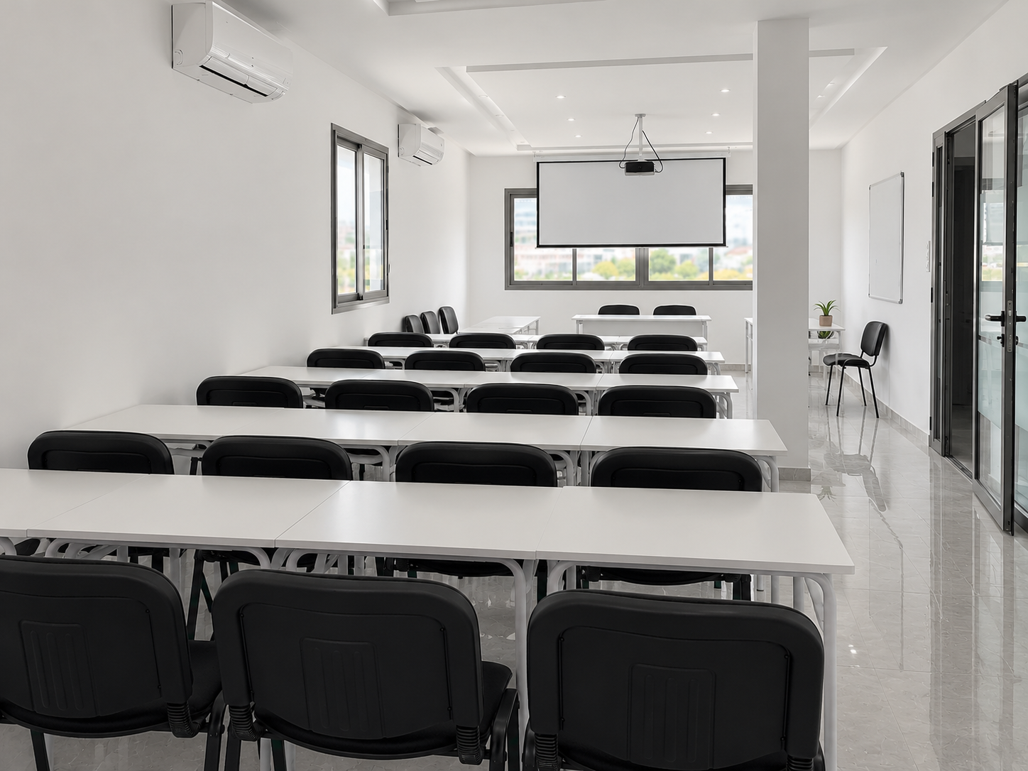 Empty 1337 Academy classroom, side view
