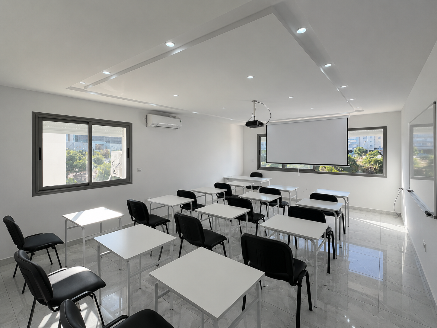 1337 Academy training room — white desks, projector screen, Sousse campus